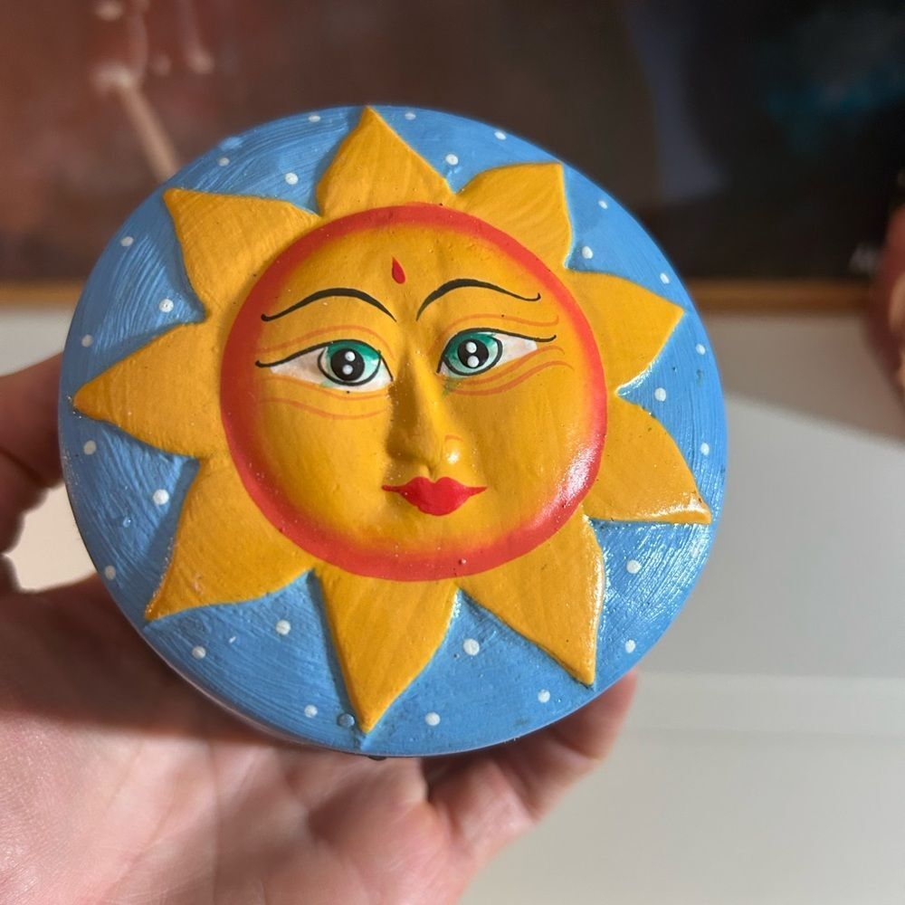 Celestial Painted Sun Blue Yellow Wood Round Trinket Box Jewelry